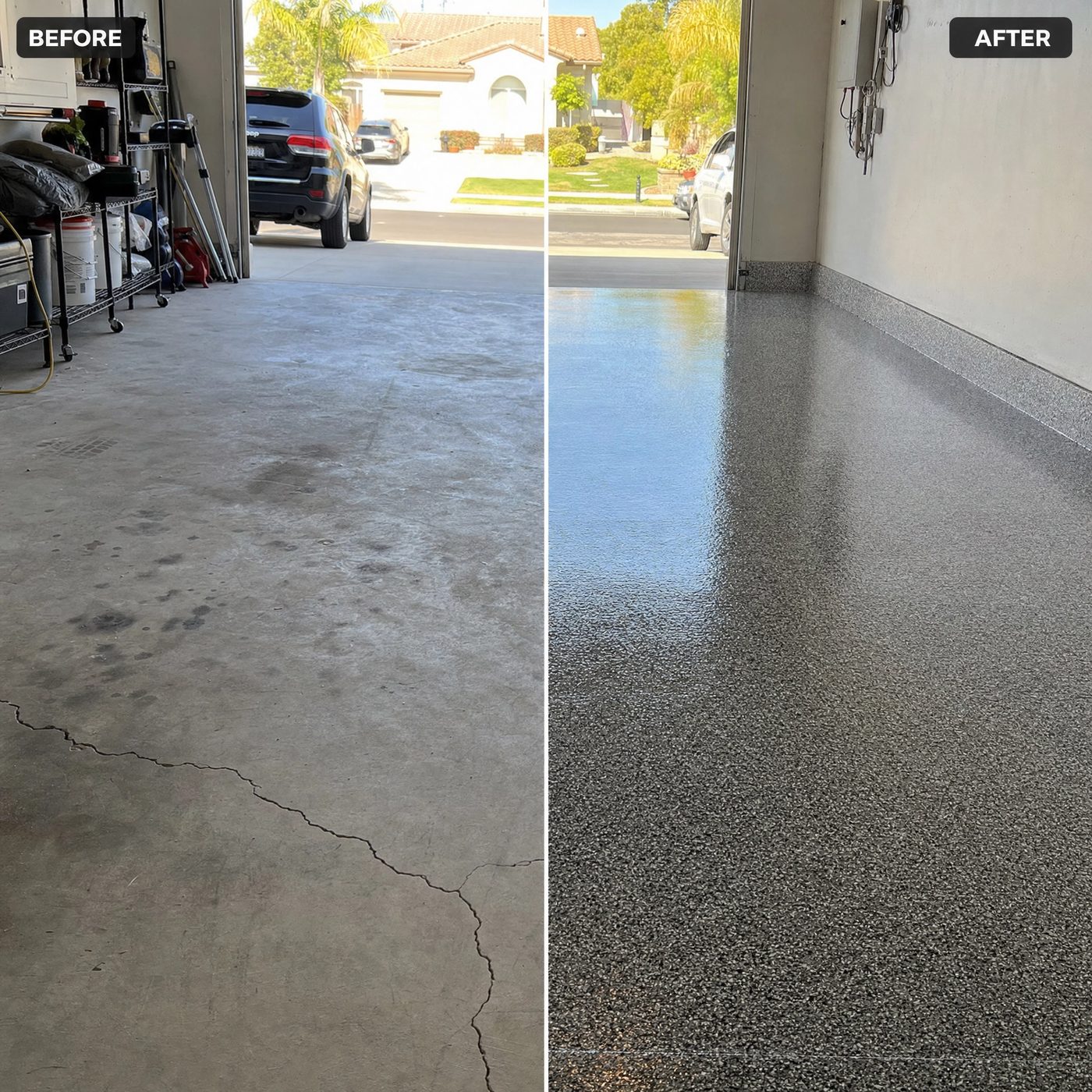 Before and after: a worn garage floor transformed with a flake epoxy coating