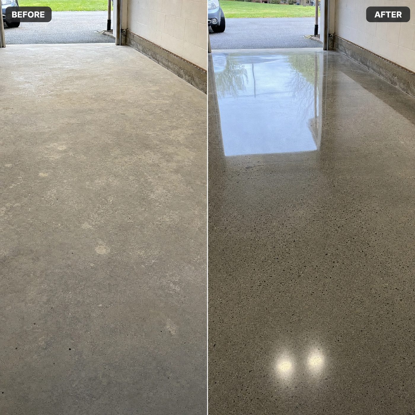 Before and after: a dull garage floor polished to a high-gloss finish